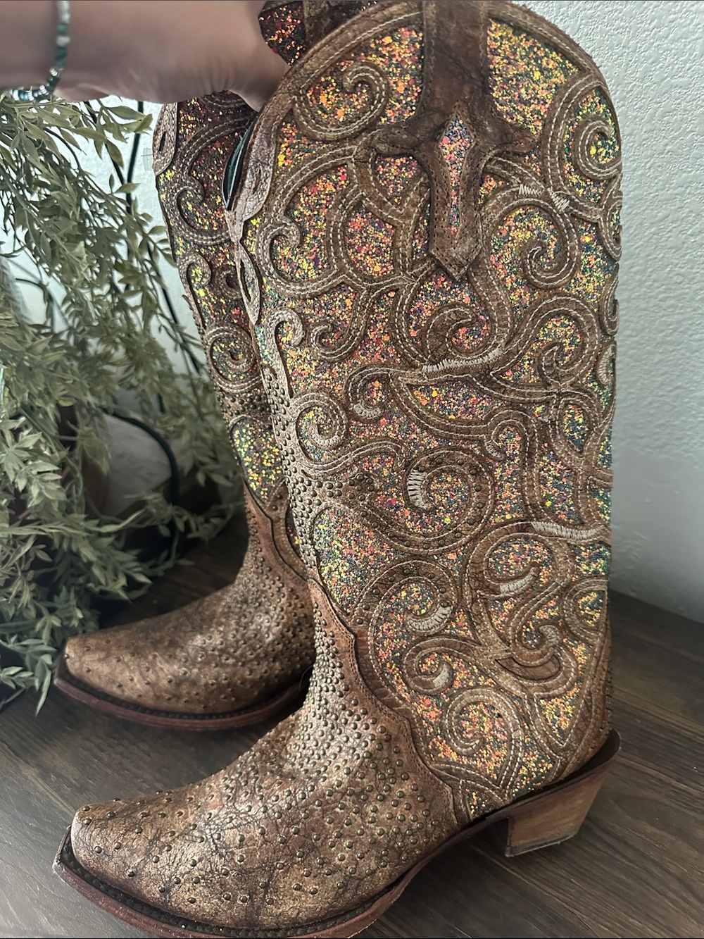 Corral Brown Glitter Embellished Western Heeled Boots - Picture 3 of 5